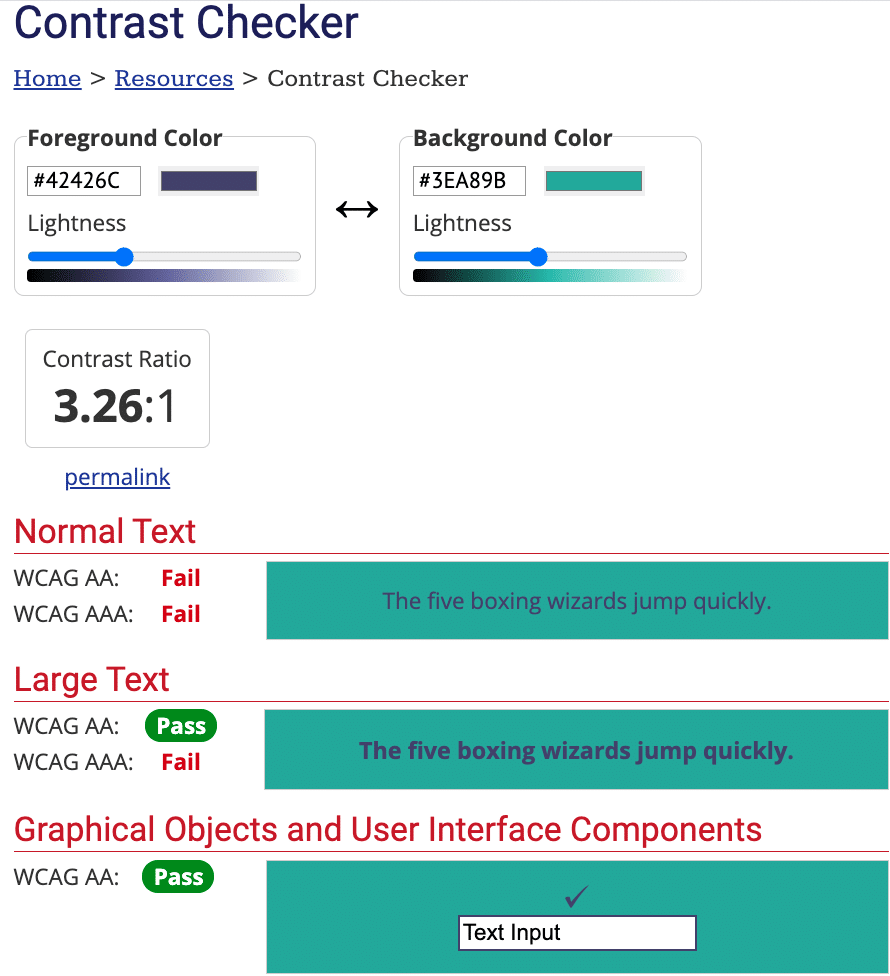 Uma demonstração da ferramenta WebAIM Contrast Checker.