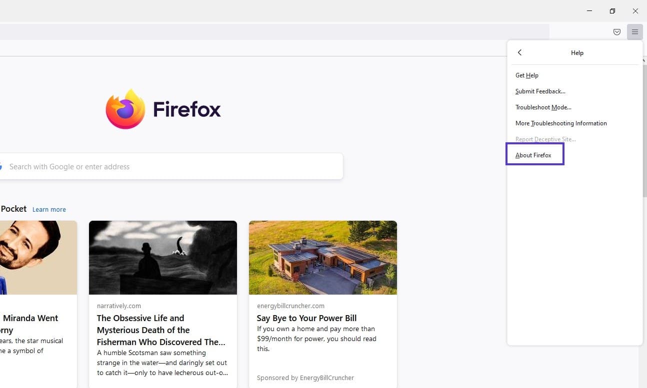 La opción de menú Acerca de Firefox.