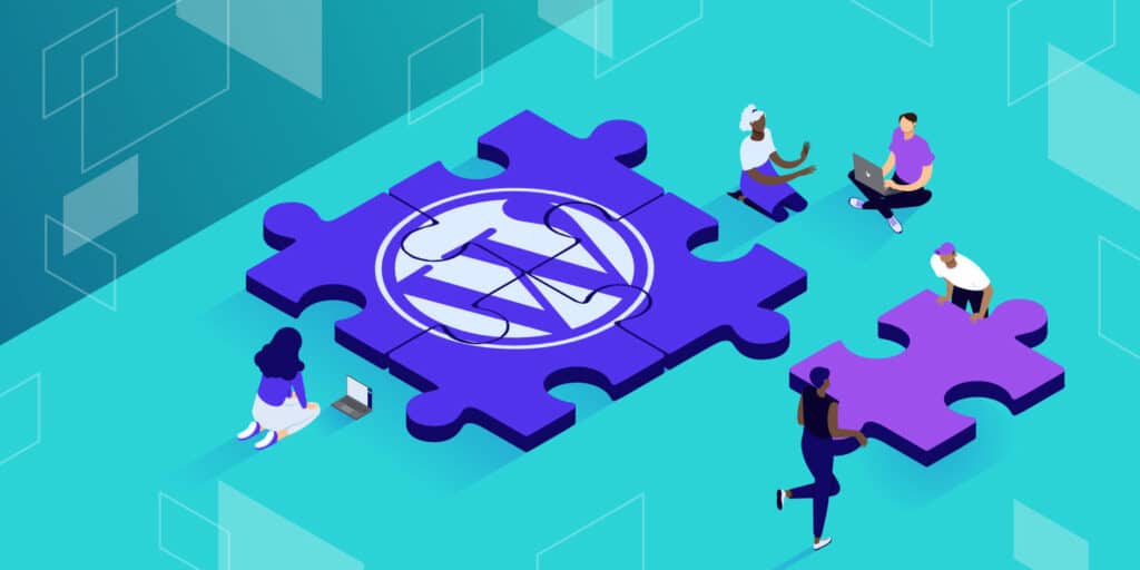 Illustration for WordPress abstraction plugins showing people gathered around a puzzle pieces with WordPress logo.