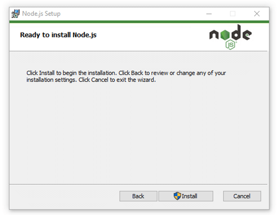 Börja installationen av Node.js.