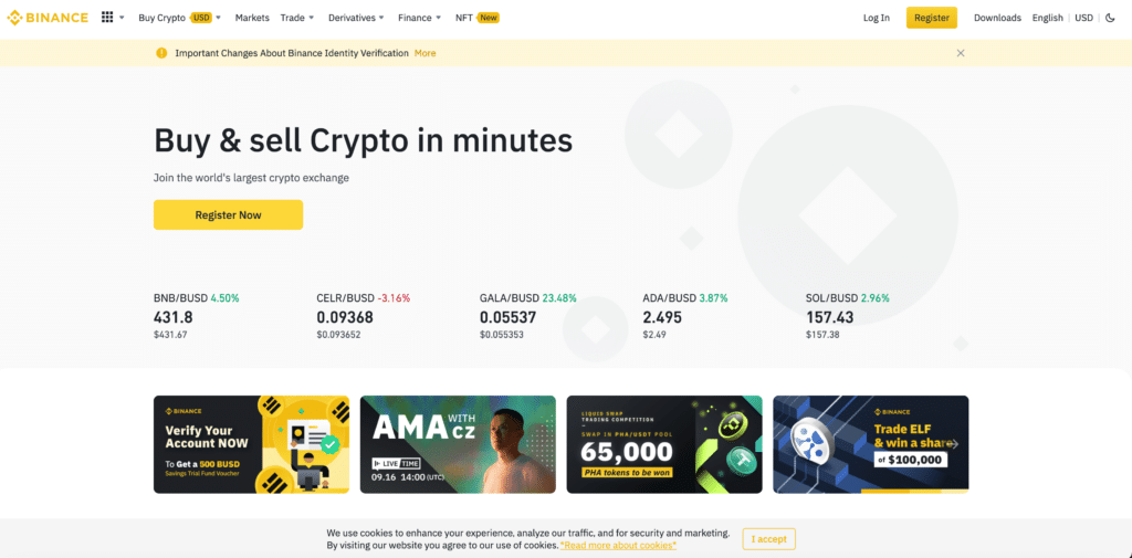 The official Binance homepage.