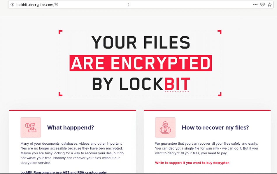 La pagina di supporto di LockBit che dice Your Files Are Encrypted by LockBit 