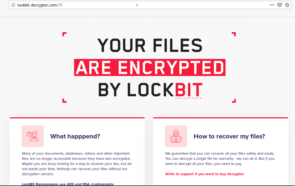 LockBit's support page, showing the text