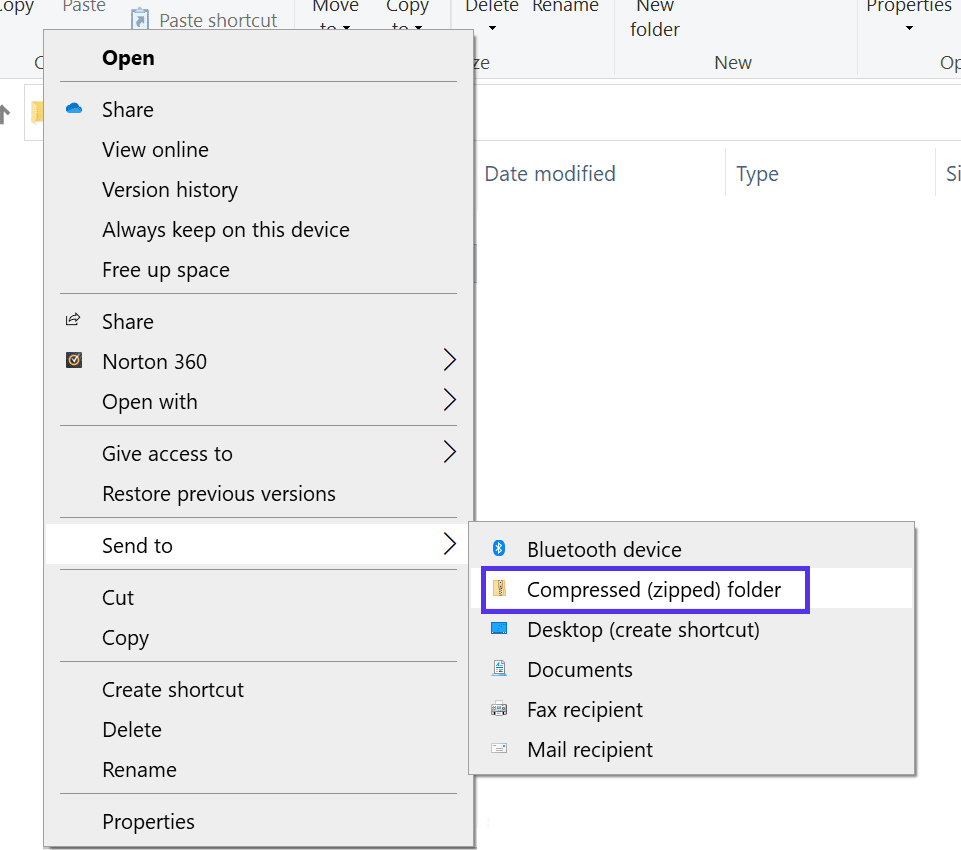 Le opzioni di menu per creare un file zippato da inviare