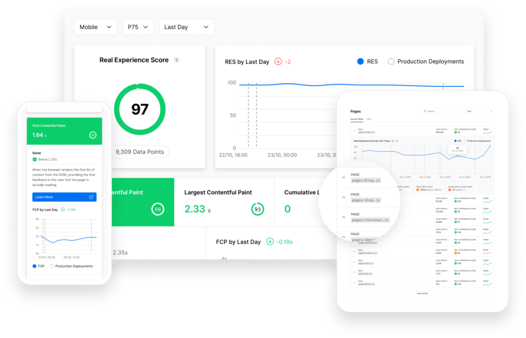 Next.js dashboard showing real-time user performance and experience score.