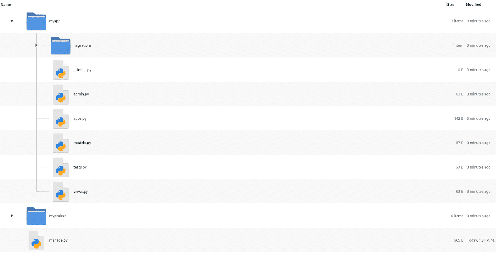 Struttura aggiornata dei file dell'app Django in un file manager.