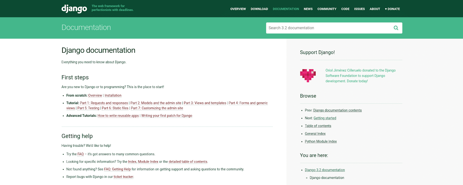 Screenshot of the Django documentation page.