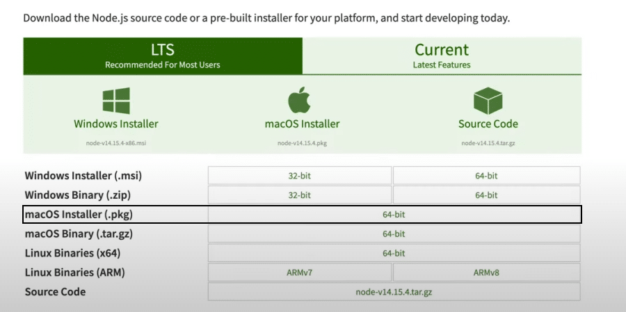 Hämta Node.js macOS-installationsprogram.