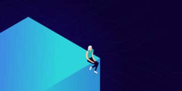 Illustration of a figure sitting on th edge of a giant blue block.