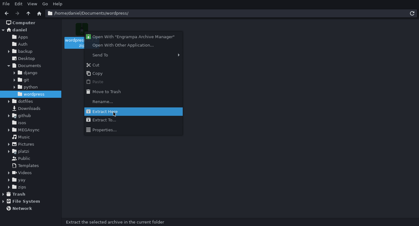Right-click on the WordPress .zip file and choose"Extract Here" to extract its contents.
