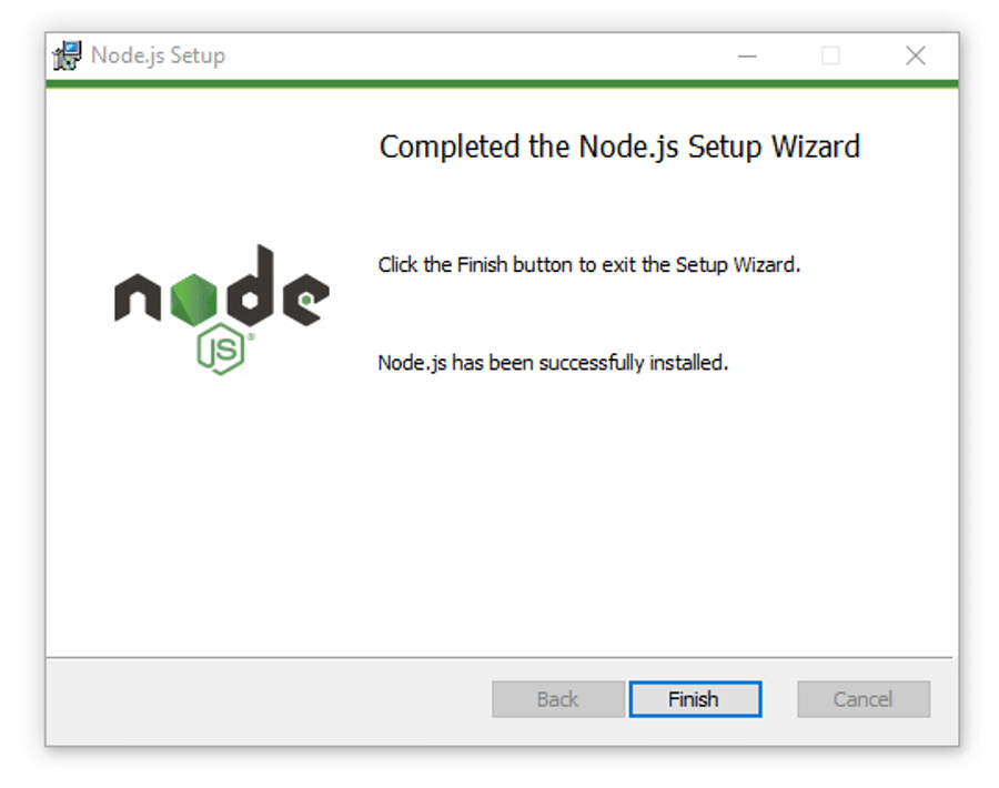 Finishing the Node.js installation on Windows.
