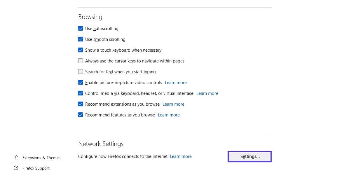 The Firefox network settings menu.