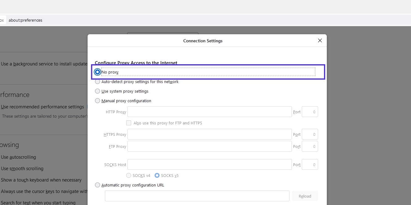 L'option Aucun proxy dans Firefox.