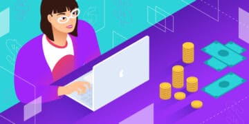Illustration for frontend developer salary showing someone working on a laptop surrounded by stacks of coins and paper money.