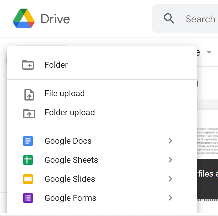 Beschikbare opties voor het uploaden van een nieuw document naar Google Drive.