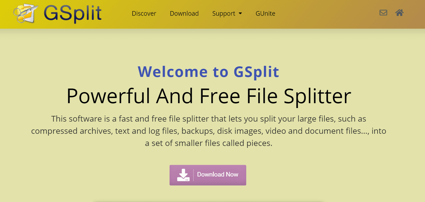 Pagina di benvenuto su GSplit - Powerful and Free File Splitter.