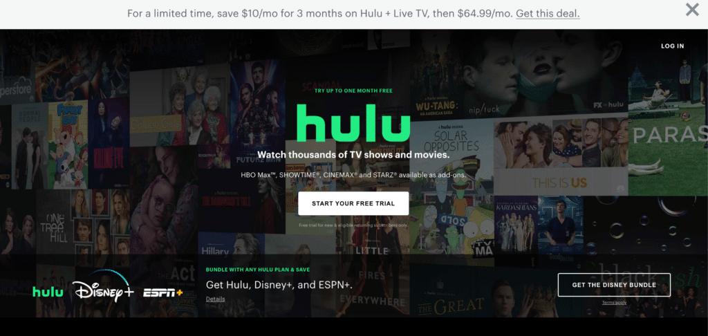 A página inicial oficial da Hulu