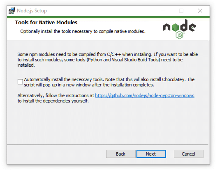 Herramientas para módulos nativos en el instalador de Node.js.