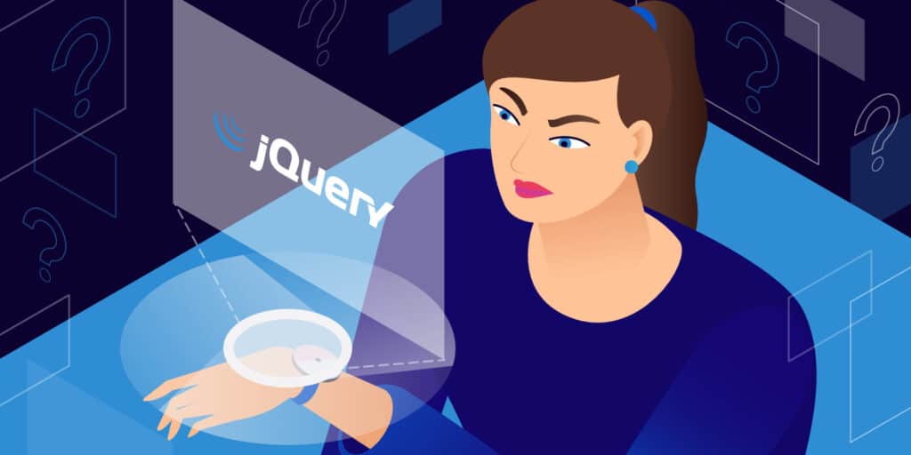 Illustration for the "jQuery is not defined" error showing a woman staring at an error screen panel.