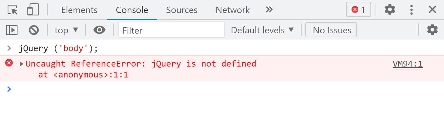 La console Dev Tools di Chrome dove appare l’errore "jquery is not defined" in red