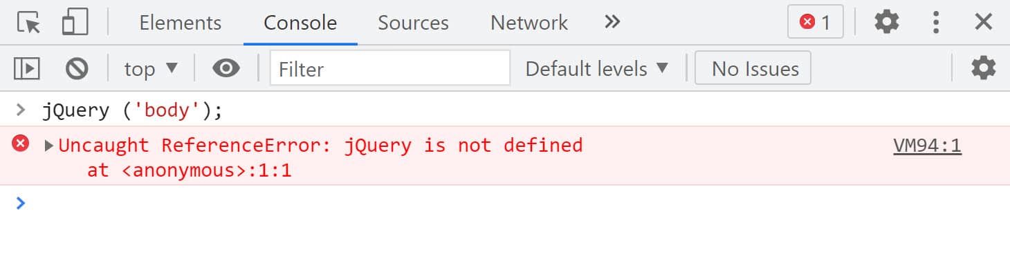 The Chrome dev tools console tab will read"jquery is not defined" in red