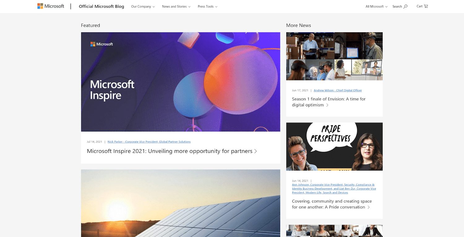 Microsoft's blog homepage screenshot.