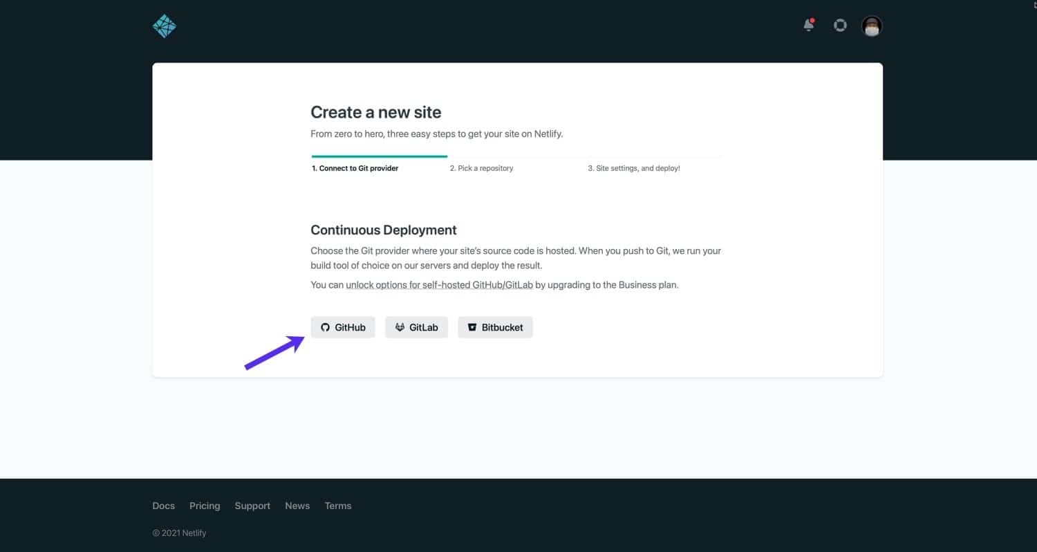 Selezionate "GitHub" per la distribuzione continua.