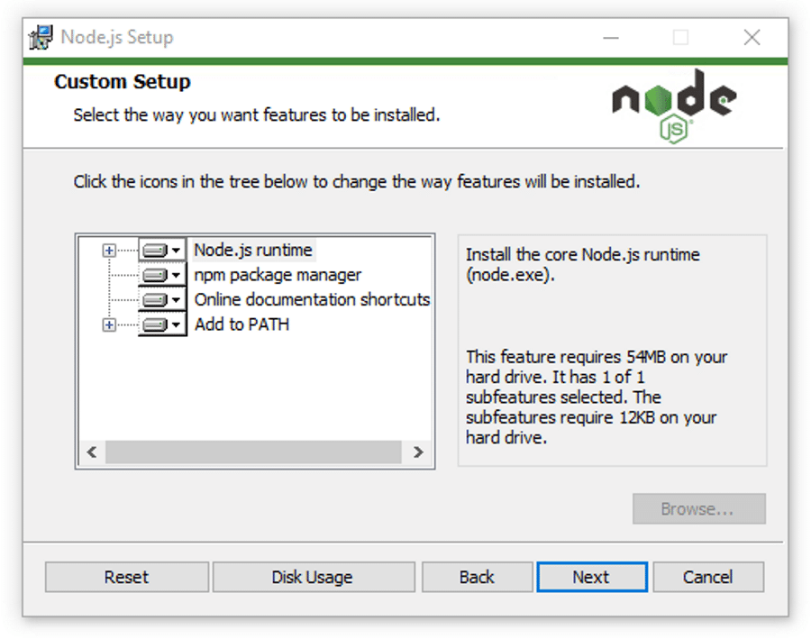 Opciones de "Configuración personalizada" en el instalador de Node.js.