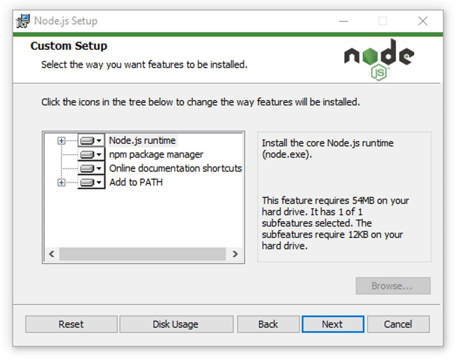 "Custom Setup"-Optionen im Node.js-Installationsprogramm.