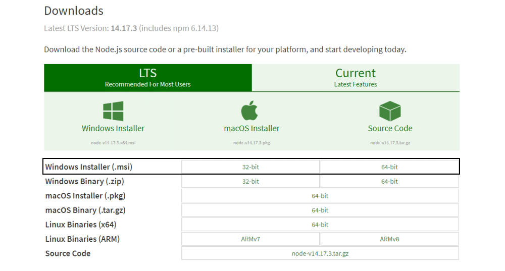 Hämta installationsprogrammet för Node.js.