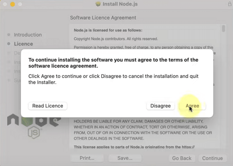 Node.js macOS installatie licentieovereenkomst accepteren.