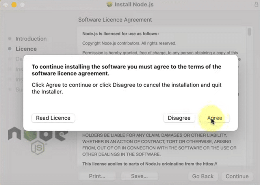 Accepting the Node.js license agreement on macOS.
