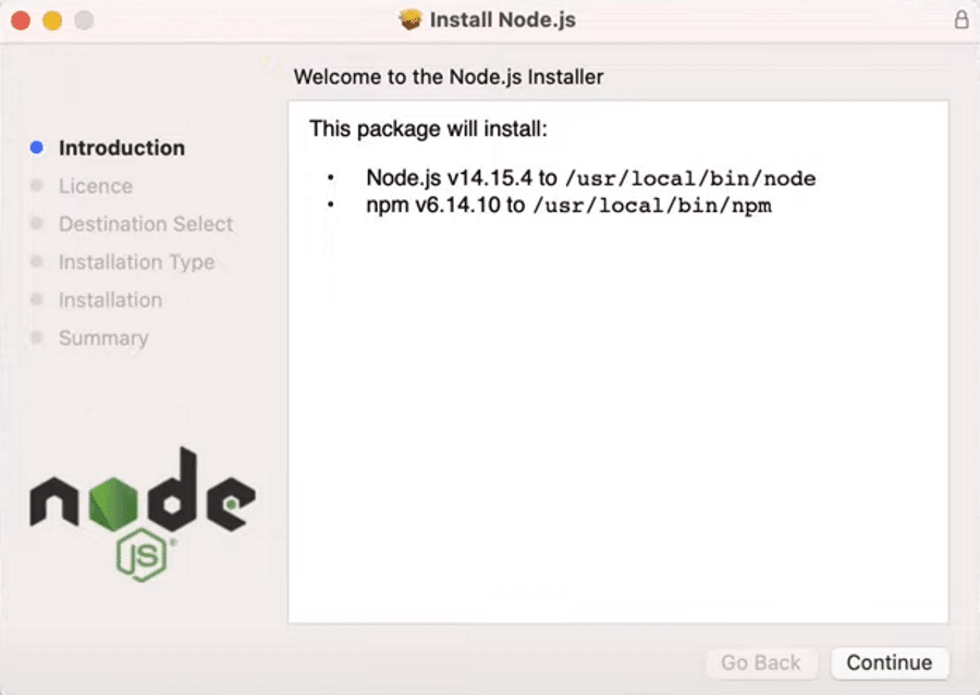 Propriétés d'installation de Node.js macOS.