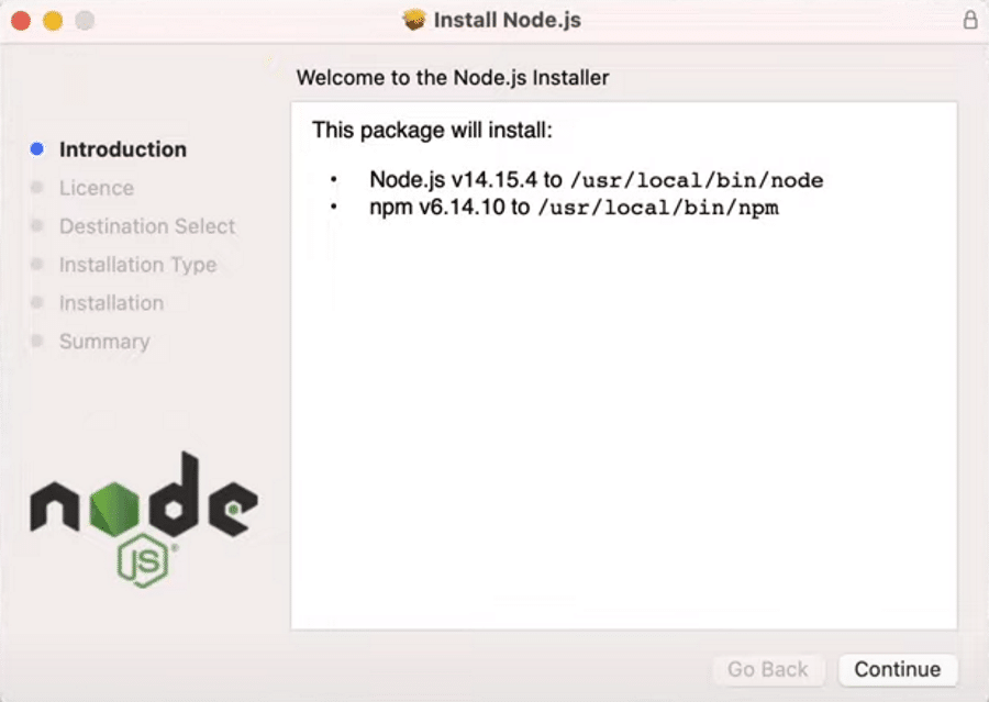 Node.js macOS Installationseigenschaften.