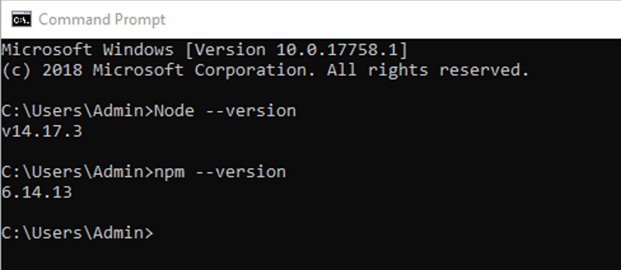 Udførelse af et Node.js npm-versionstjek på Windows.