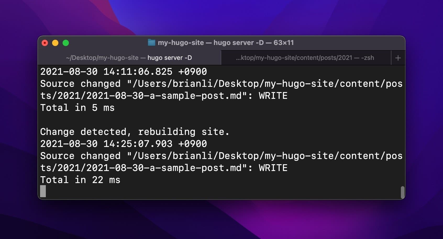 Terminal che mostra i dati di ricostruzione del sito Hugo.