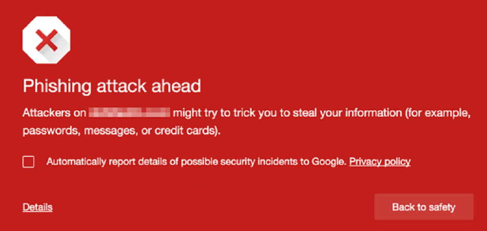 Señal de advertencia de phishing de Google.