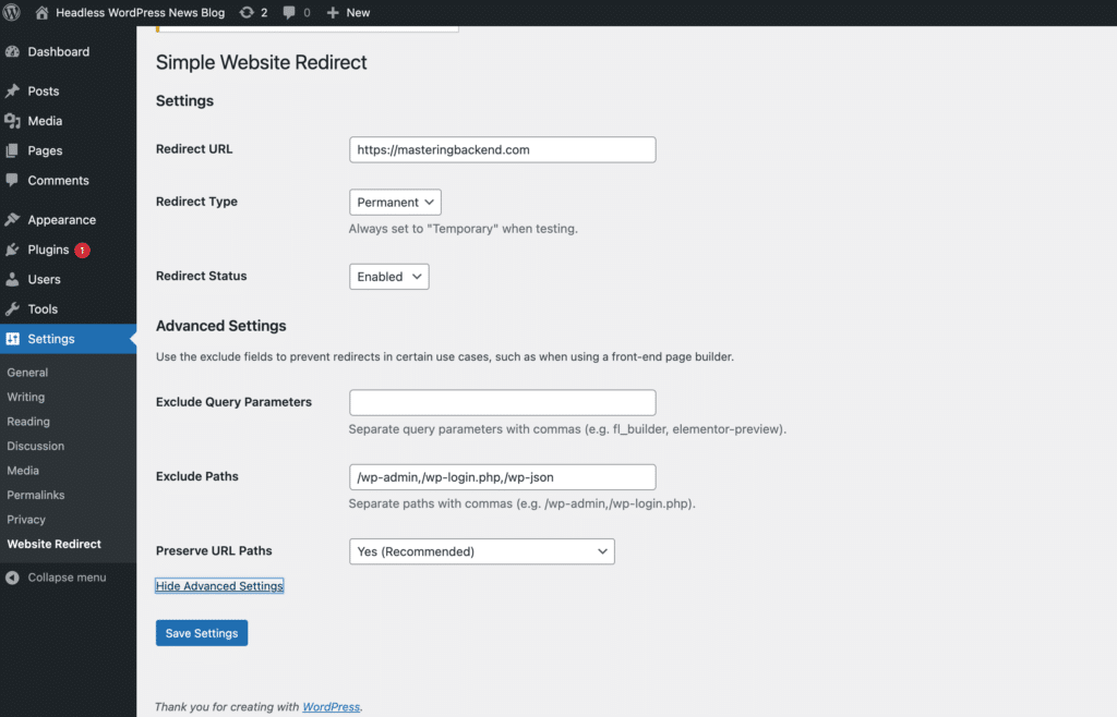 Simple Website Redirect plugin settings page.