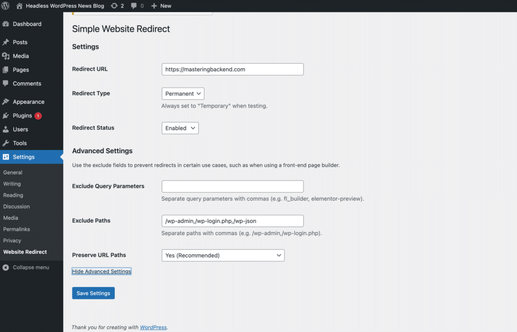 Réglages de l'extension Simple Website Redirect.