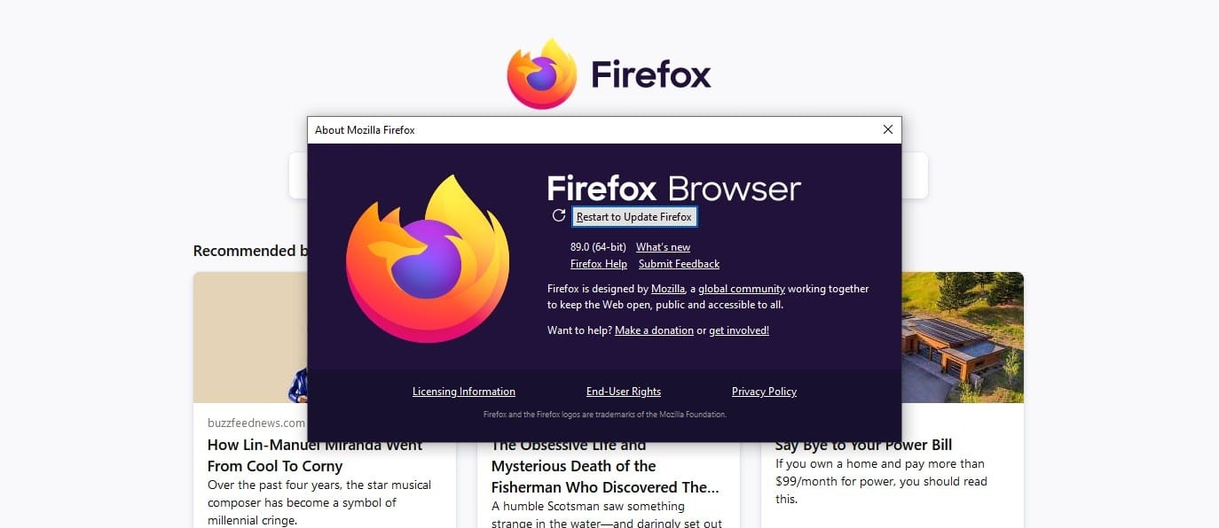 La opción de reiniciar para actualizar Firefox.