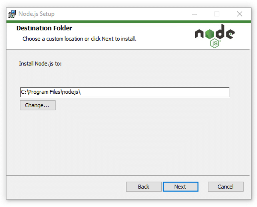 Selecting the appropriate Node.js installation folder.