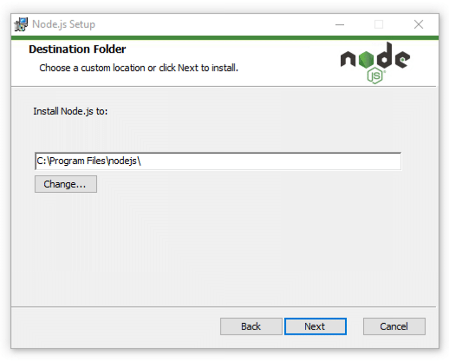 Valg af installationsmappe for Node.js.