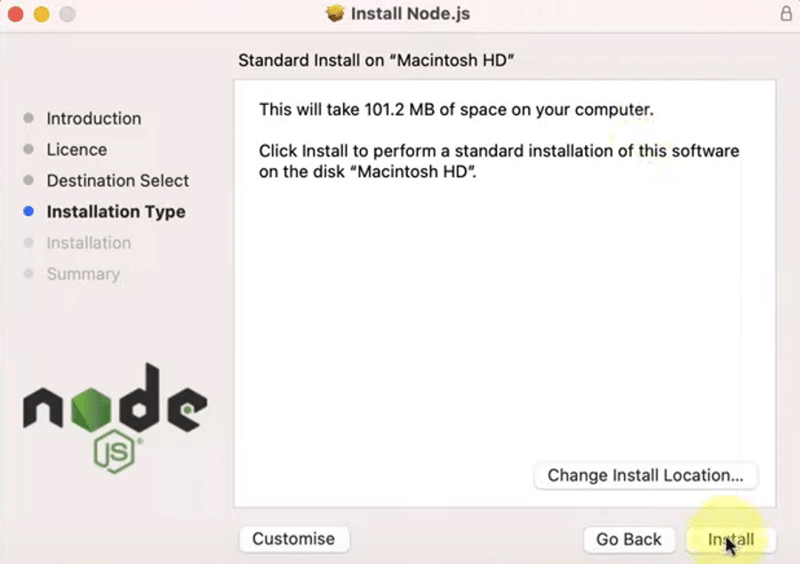 Sélection de l'emplacement d'installation de Node.js sur macOS.