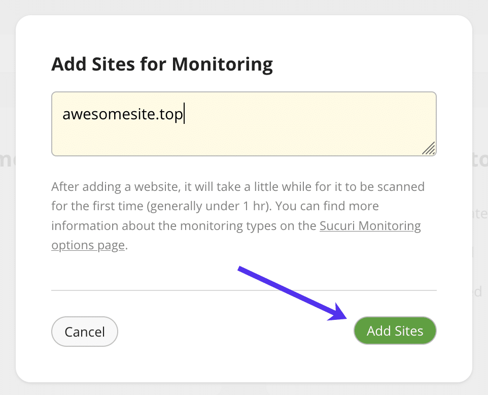 Aggiungi un sito per il monitoraggio in Sucuri.