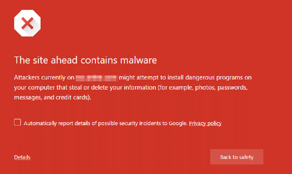 ブラウザの警告「アクセスしようとしているサイトにはマルウェアがあります」（画像参照元： FixMyWP)
