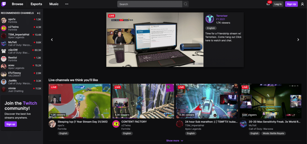 Homepage ufficiale di Twitch