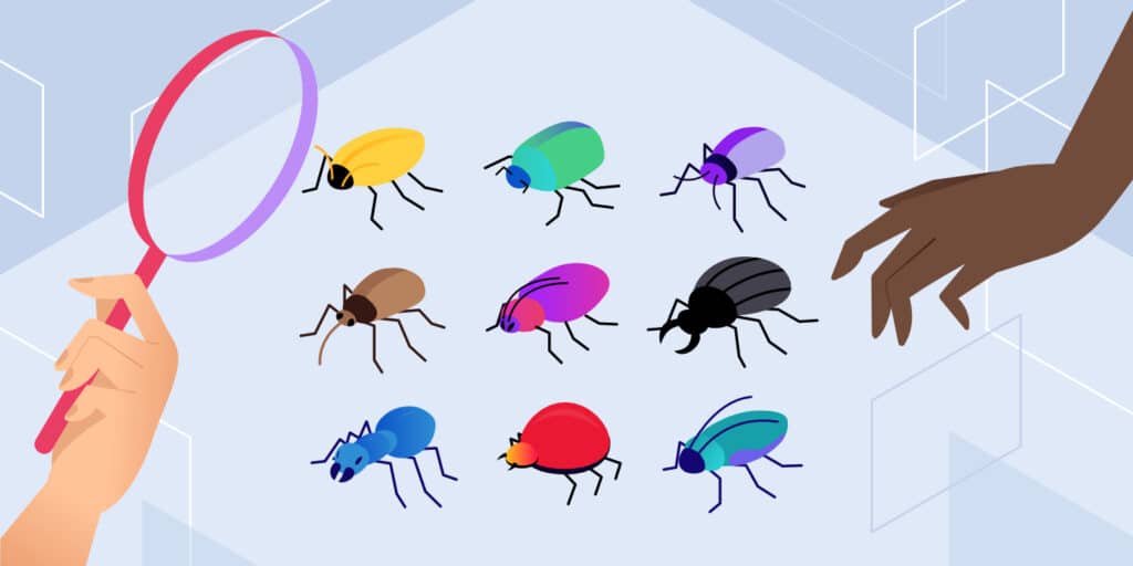 Illustration for types of Malware showing two people examining a colorful array of insects.