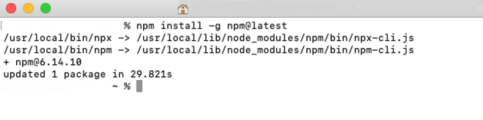 Aggiornamento di npm su macOS.