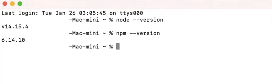 Verificación de la instalación de Node.js en macOS.