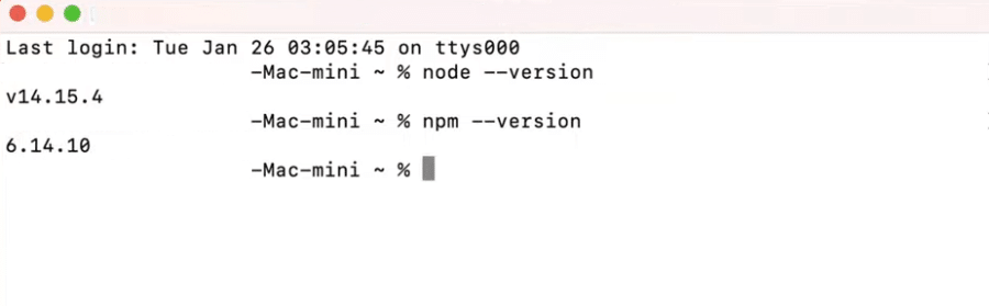 Verifying Node.js installation on macOS.